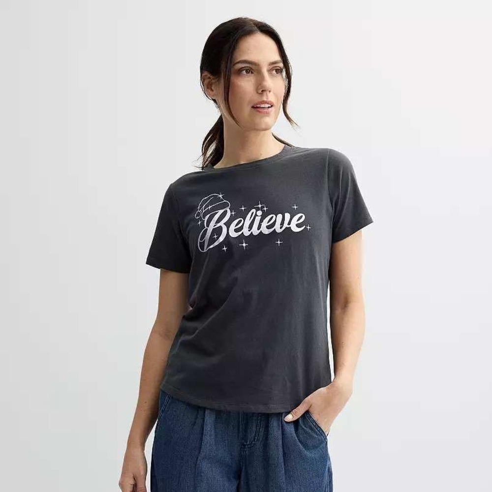 Believe Graphic T-Shirt Christmas Theme Gray Mighty Fine‎ XL NWT